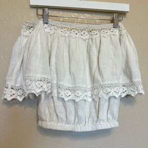 NWT Surf Gypsy Boho Crochet Shirt Off Shoulder Cream Tan Top Size Small